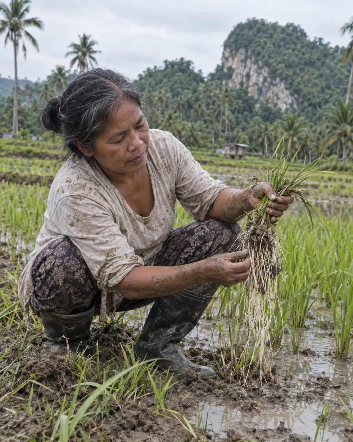 Rice farmer checking roots on a Hatake Pro plot
